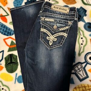 Rock Revival Dark Blue Bootcut Jeans with Embroidered Pockets